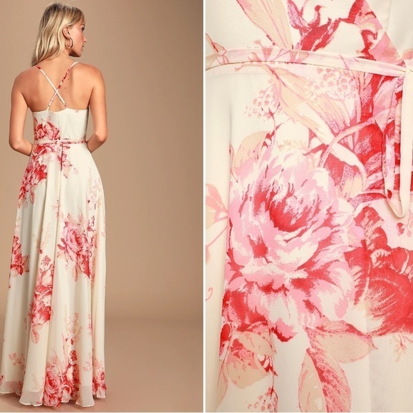 LULU's Floral Sexy Romantic Flowy Floral Wedding Formal Event Wrap Dress - Picture 3 of 4